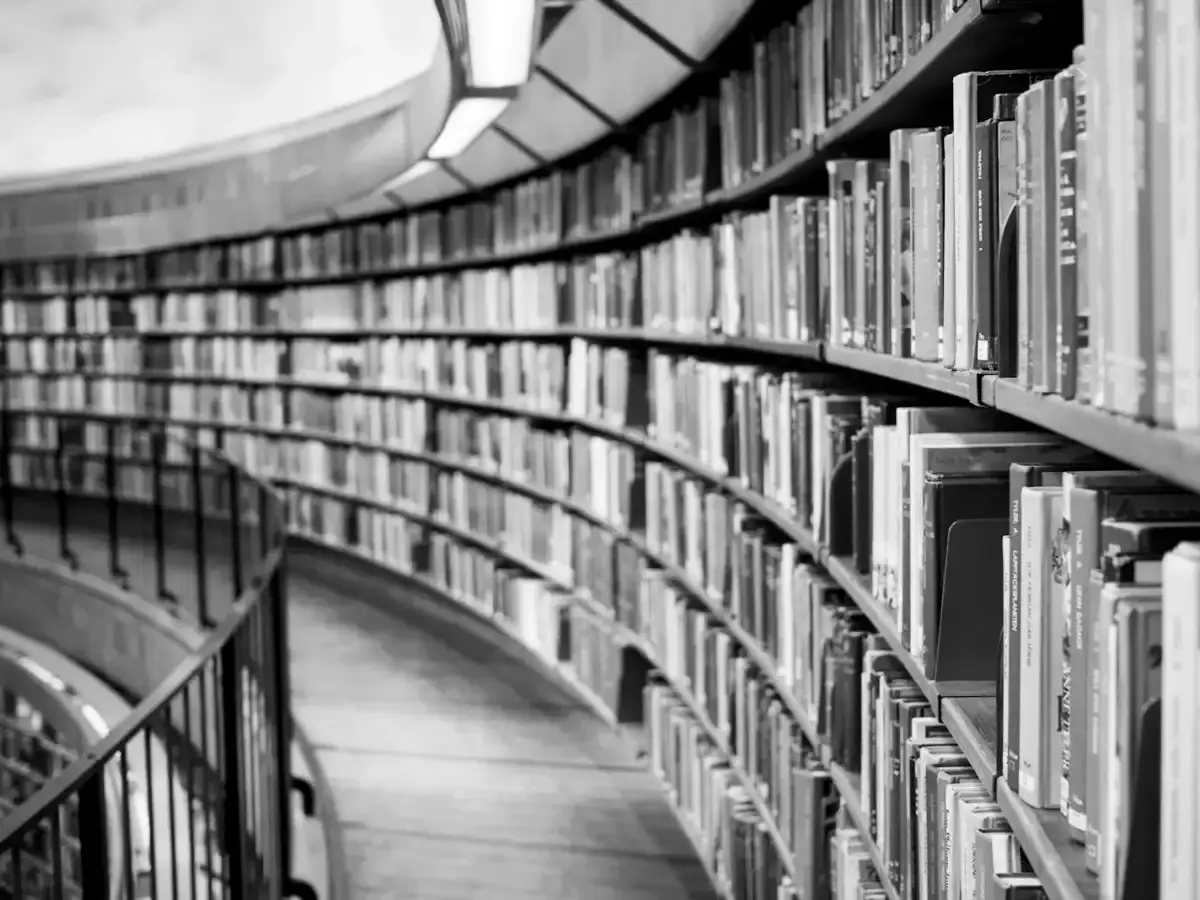 Curved library stacks filled with reference volumes