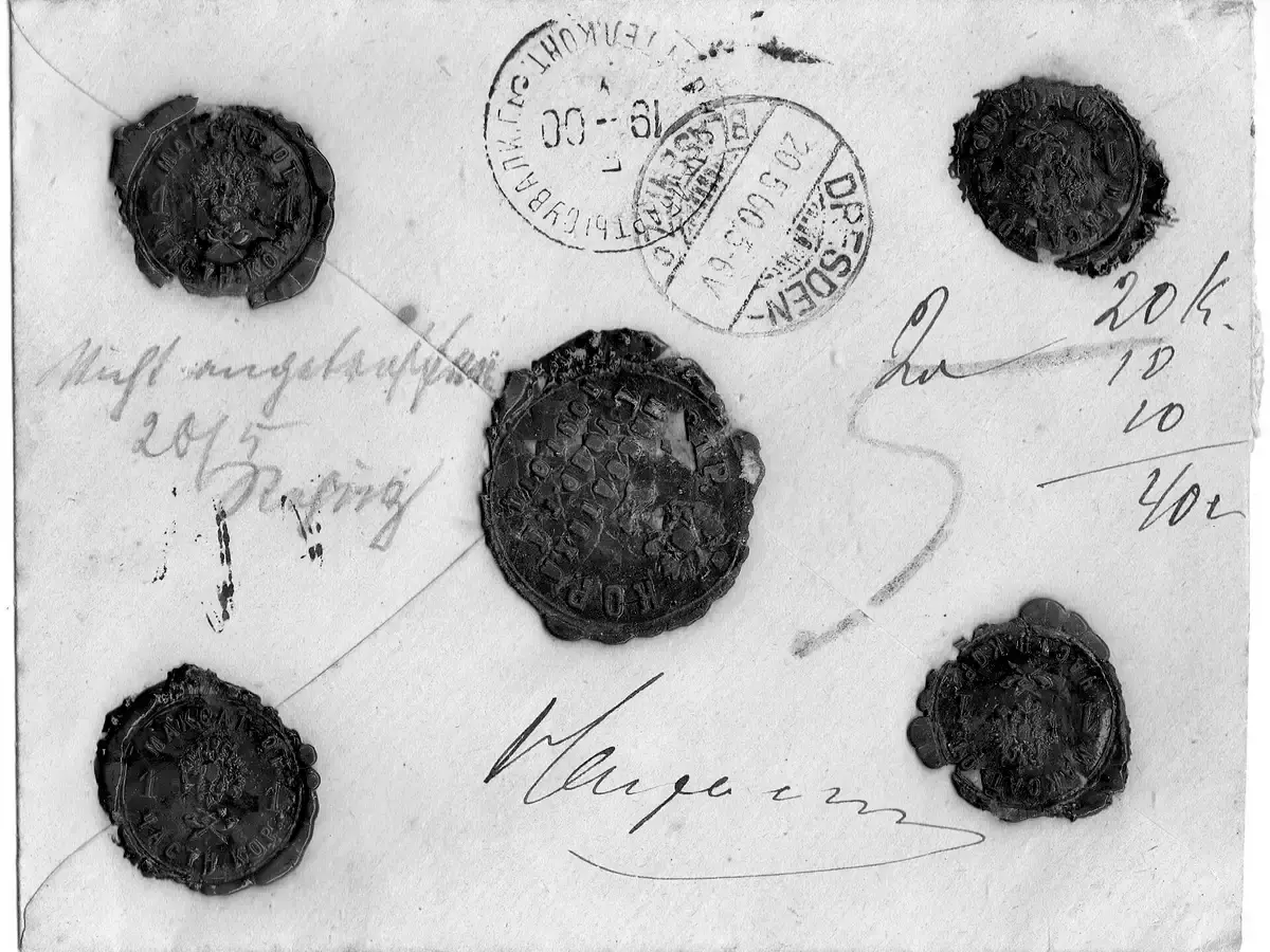 Reverse of a posted cover closed with five wax seals