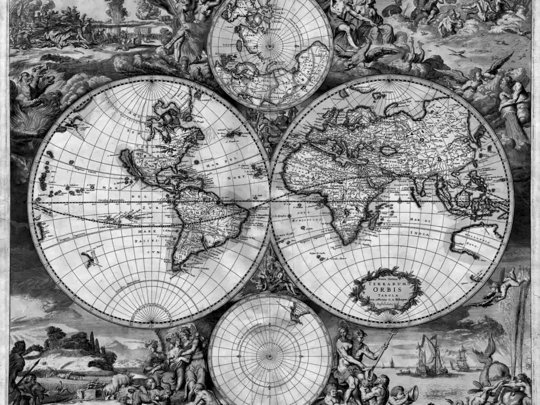 Engraved double-hemisphere world map from 1689